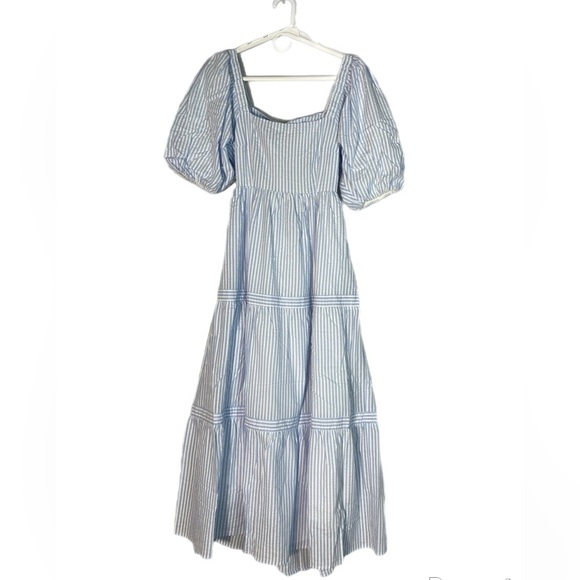 MINKPINK Milani Tiered Midi Dress in Blue & White Small - Picture 4 of 16